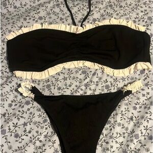 SHEIN Black and Cream Ruffle Bandeau Bikini Set